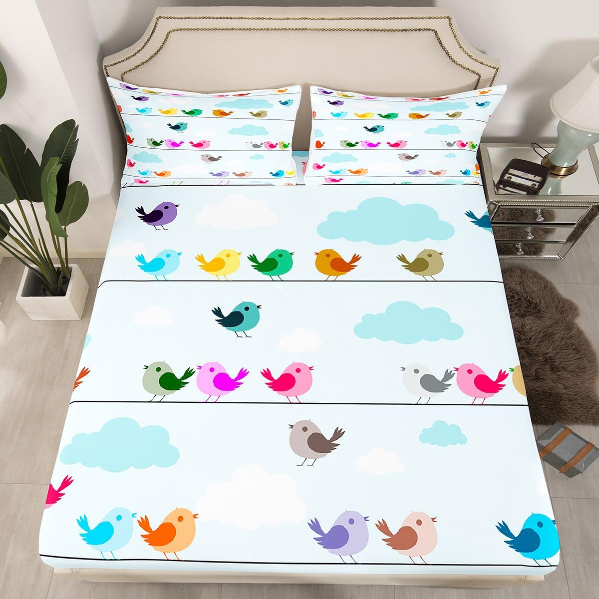 Erosebridal Kids Bird Bedding Sets King Size,Boys Girls Cute Cartoon Animals Bed Sheet Set Colorful Lovely Birds Sheet Set,Blue Sky White Clouds Fitted Sheet + Flat Sheet + 1 Pillow Case