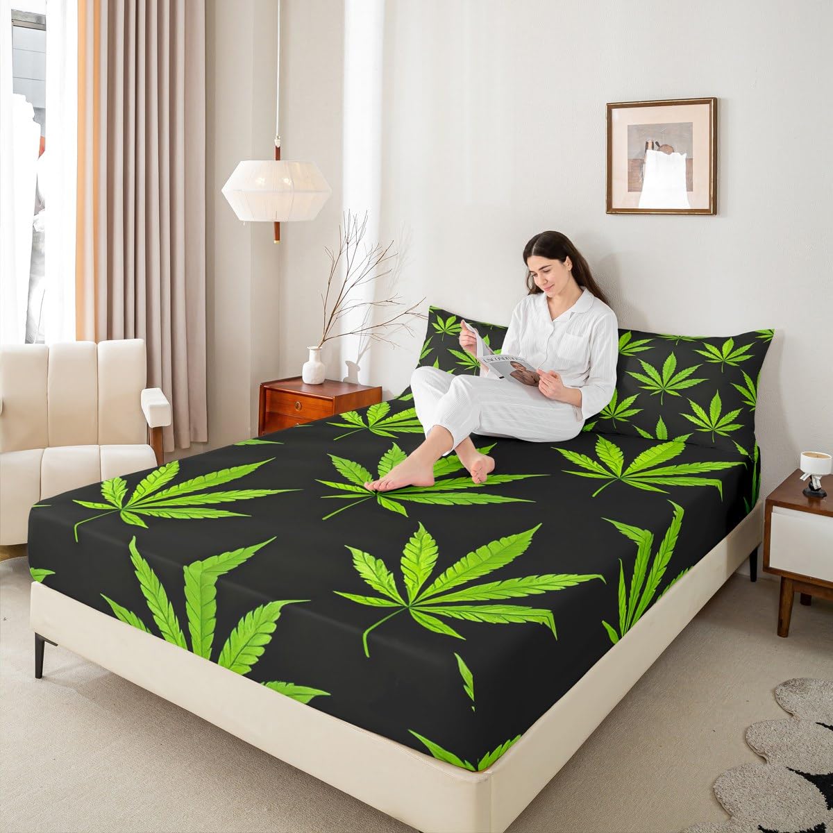 Erosebridal Boho Plant Leaves Fitted Sheet, Adult Bohemia Leaves Bed Sheet, Exotic Leaves Rustic Bedding Set Full Size, Soft Microfiber Bed Cover Wrinkle Bedclothes, Green Black(No Top Sheet)