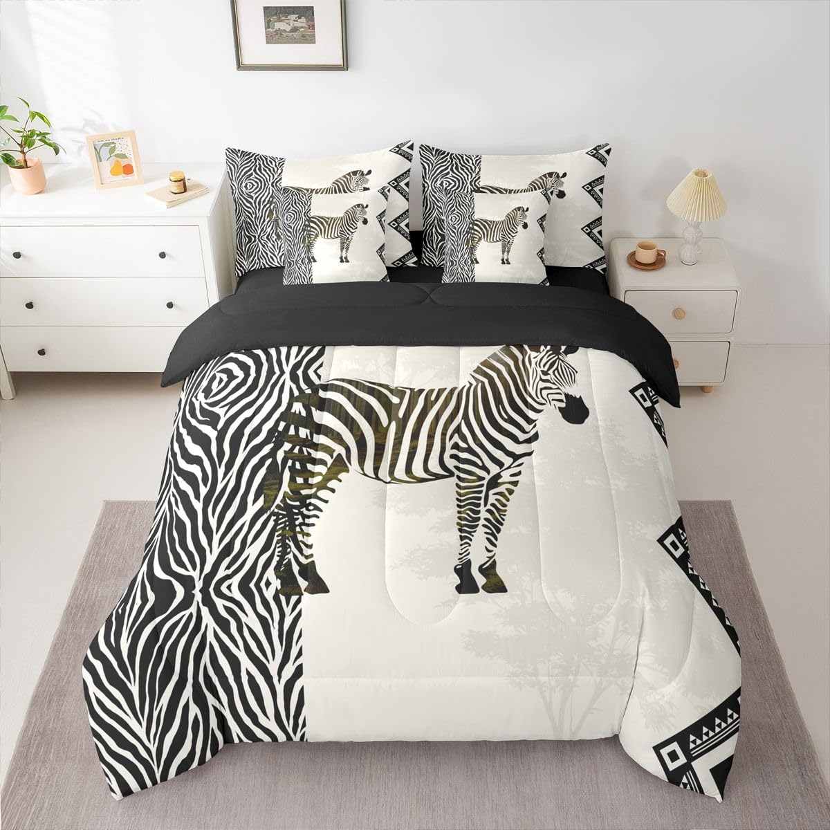 Erosebridal Zebra 7 Piece Bedding Set Full Zebra Stripes Comforter Set with Sheets Woodland Silhouette Wild Animal Skin Bed in a Bag African Animal Lover for Kids Boys Girls
