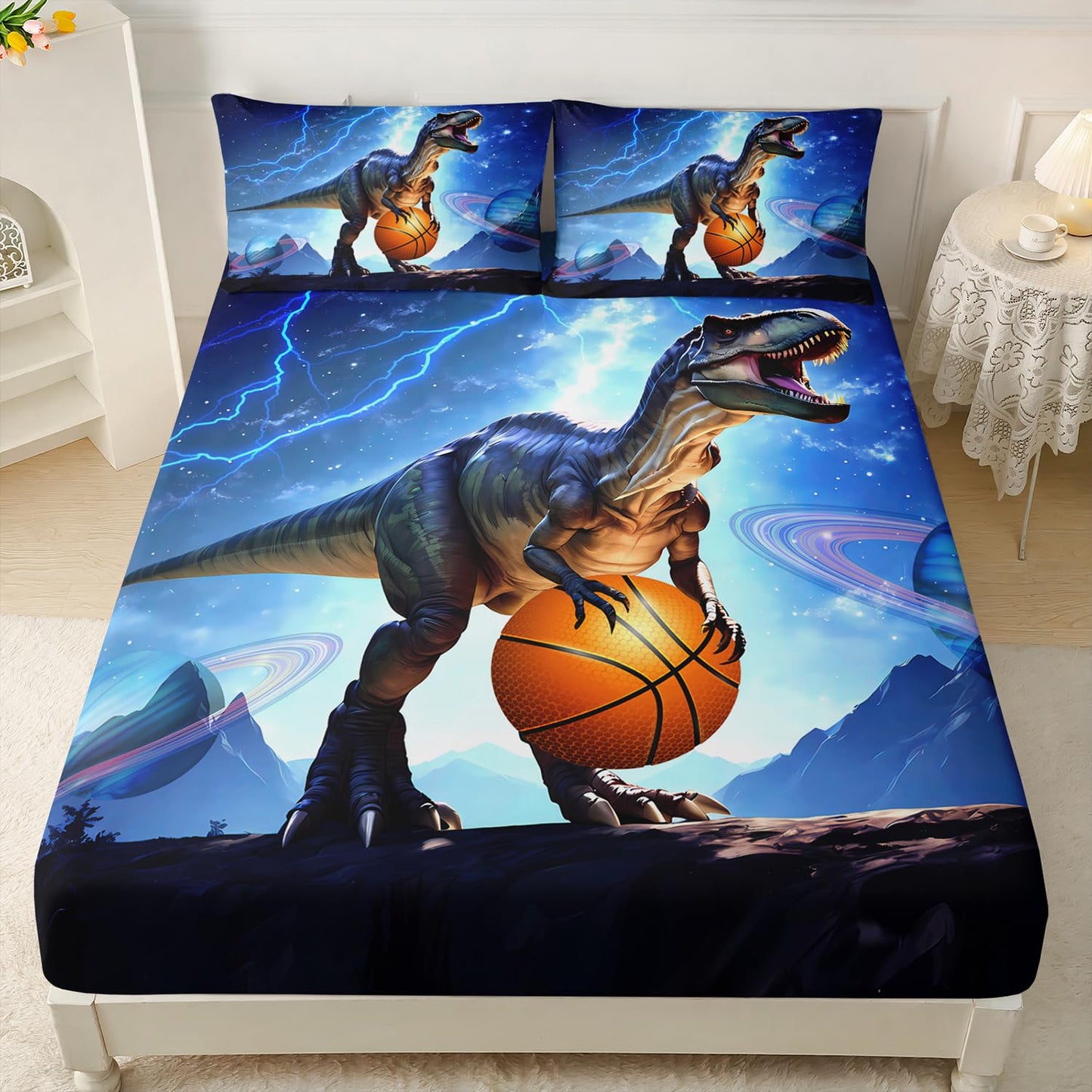 AILONEN Boys Dinosaur Fitted Sheet Set - Twin Size, Basketball Dinosaur Bed Sheet Set for Kids Teens, 3-Piece Blue Fitted Sheet Set with 2 Pillowcases