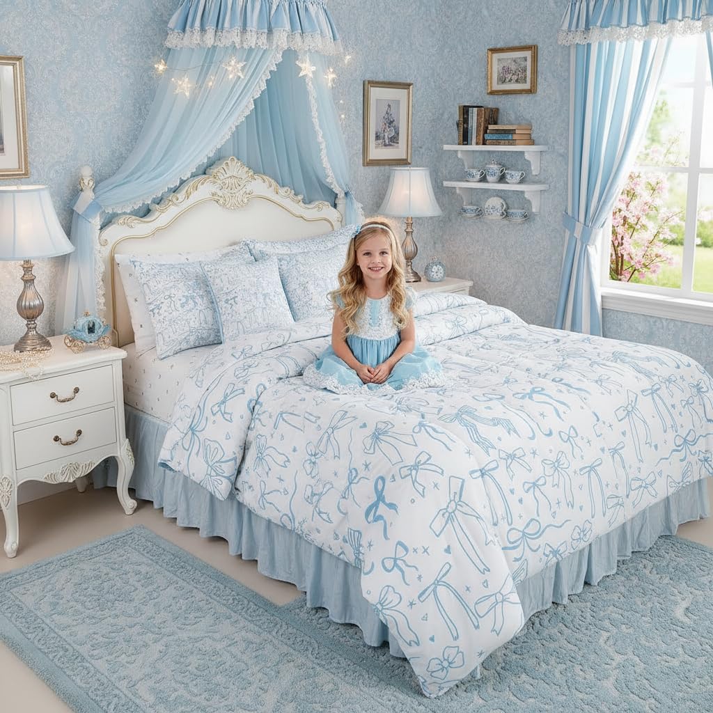 Cute Blue Bowknot 7Pcs Comforter Set Full Size,Cartoon Hand Drawn Stars Love Bow Bedding Set,Kids Girls Sweet Princess Style Fitted Flat Sheet Teens Woman Room Decor,Modern Romantic 4 Pillow Cover