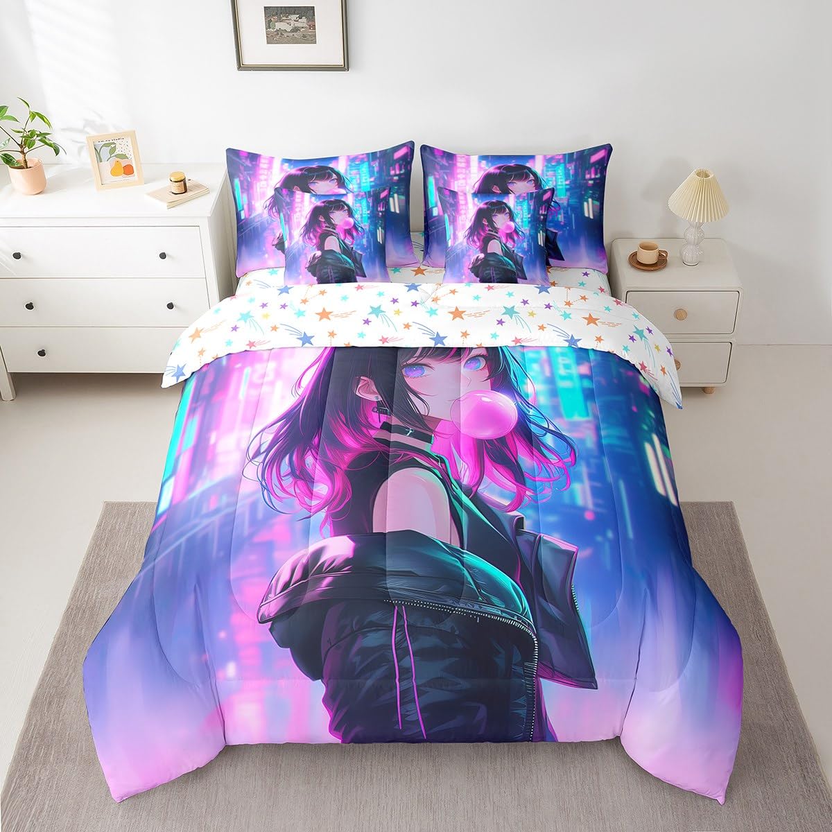 Erosebridal 7 Piece Anime Girl Comforter Set with Sheet Twin Size, Kawaii Japanese Anime Bedding Set for Kids Boys Teens Adult Women, Cartoon Girl Bed in a Bag Japan Animation Bedroom Decor