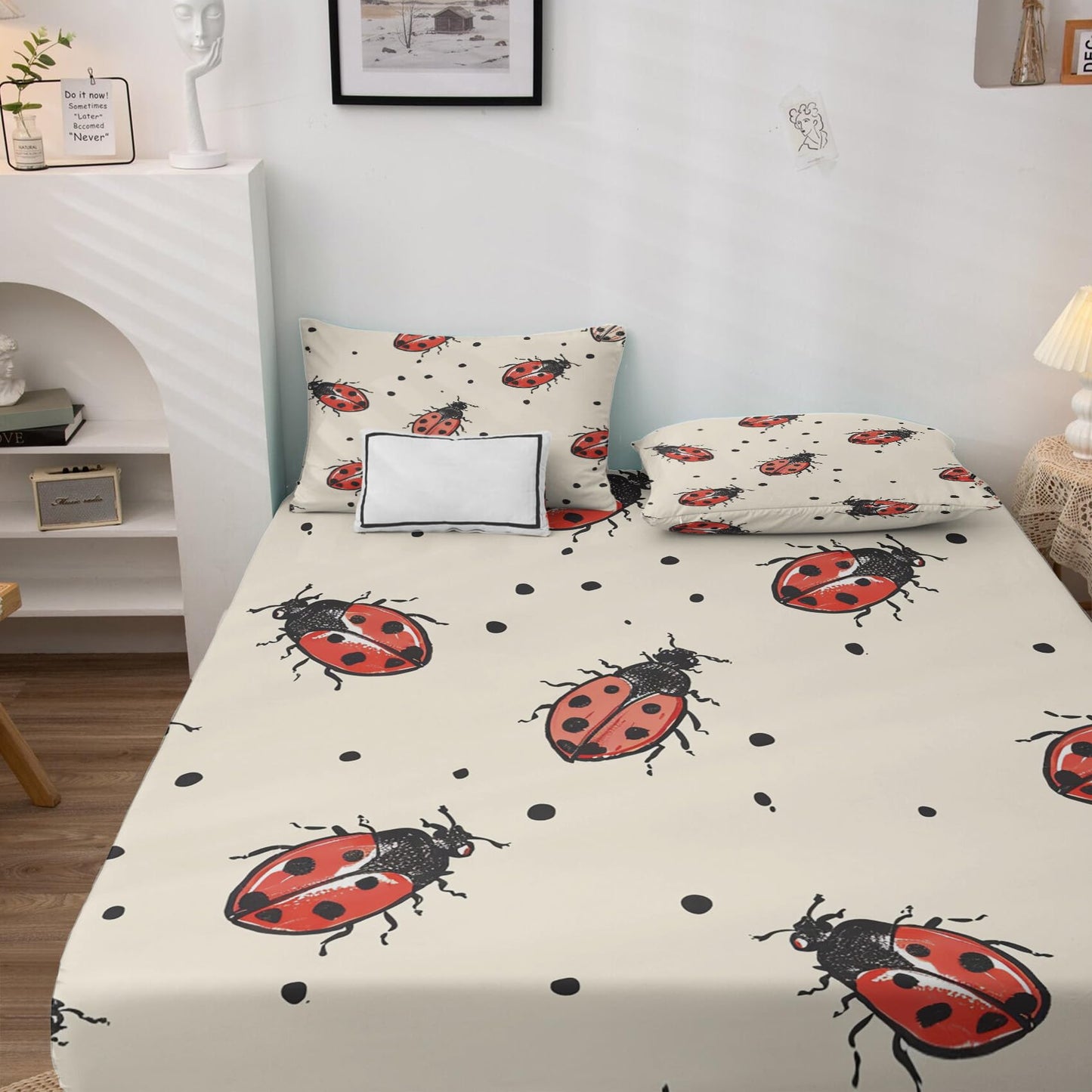 Rejkxyw King Size Sheets Set Ladybug - Insect Bed Sheets - Ladybugs Sheet Set - 12 Inch Deep Pocket - Ultra Soft Winkle Free Microfiber Bedding Sheets & Pillowcases 4 Piece