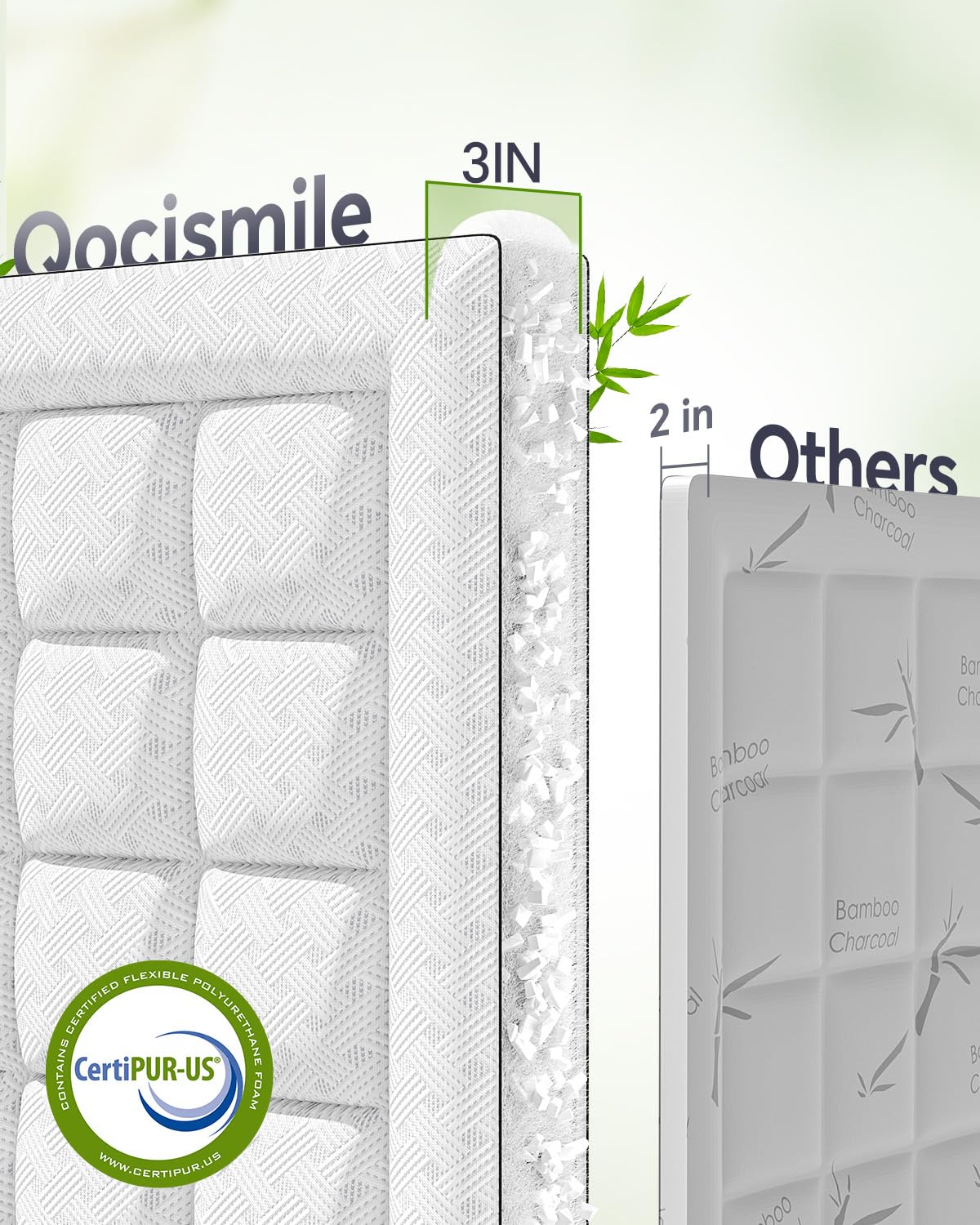 Qocismile Queen Mattress Topper,3 Inch Thick Pillow Top Mattress Pad,Bamboo Rayon Breathable Cover,Soft Queen Size Shredded Memory Foam Fill Bed Topper for Comfort Sleep Full Support Pressure Relief