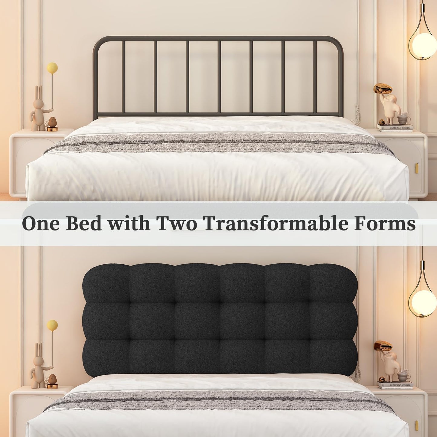 BarnFurin Queen Bed Frame, Platform Bed with Soft Boucle Upholstered Headboard, Two Bed Forms Design, Wooden Slats Support, No Boxing Spring Needed, Easy Assembly, Black