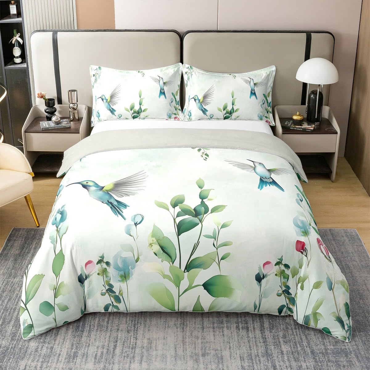 Erosebridal Turquoise Hummingbird Full Bedding Set, Abstract Grass Green Leaf 100% Cotton Duvet Cover for Kids Adults, Boho Mint Green Comforter Cover, Watercolor Botanical Aesthetic Bedclothes