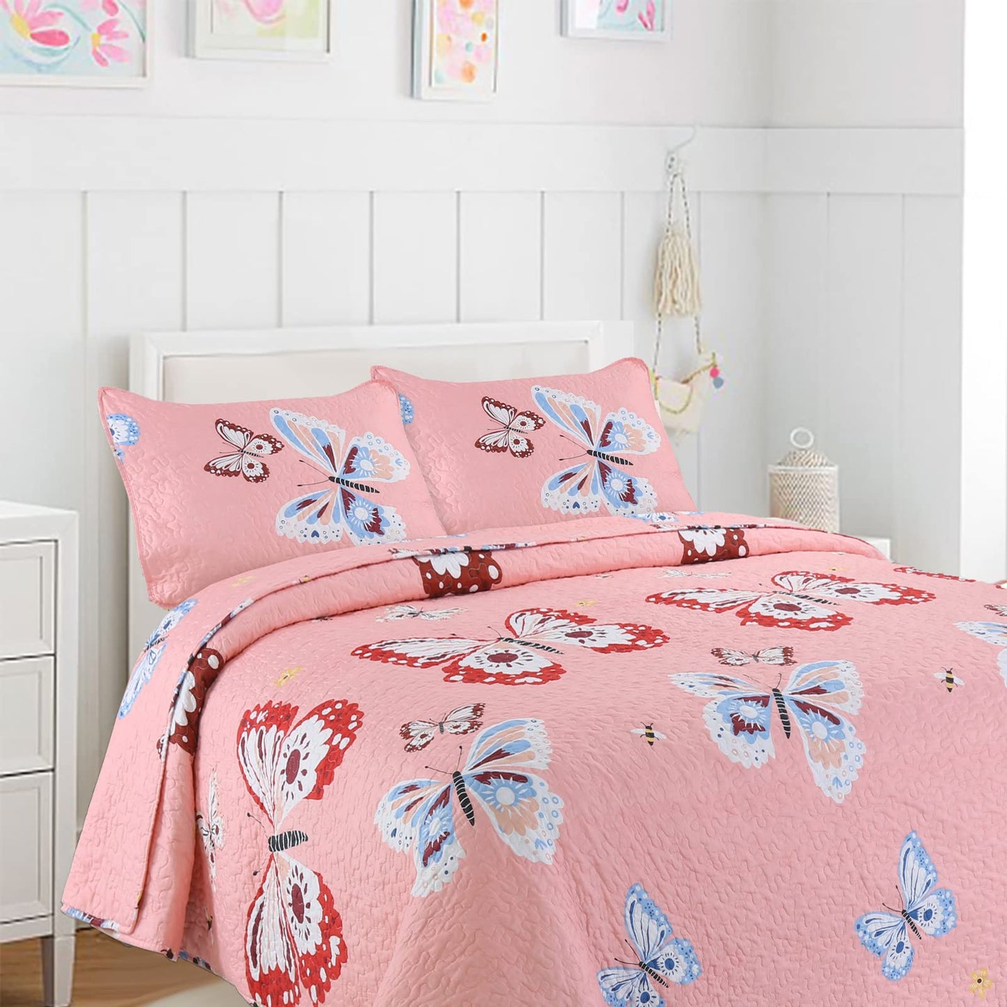 Cozy Line Home Fashions Pink Microfiber Reversible Girls Coverlet Bedspread Quilt Set, Bedspread, Coverlet (Butterflies, Twin - 2 Pieces)