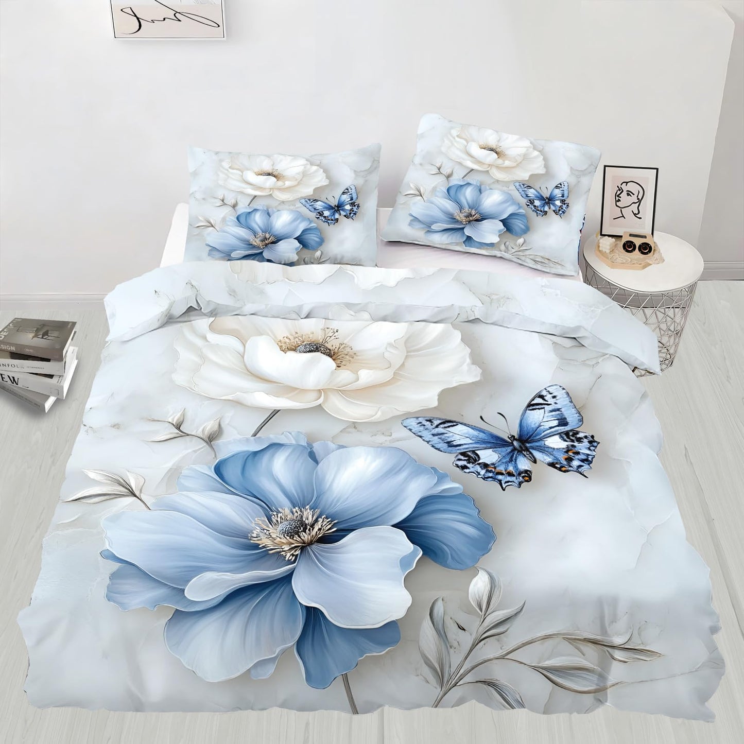 QINYUN 3D Butterfly Duvet Cover King Size, Modern Blue Floral Bedding Set 3 Piece Bedroom Decor Elegant Flowers Comforter Cover with Zipper Ties & 2 Pillowcases