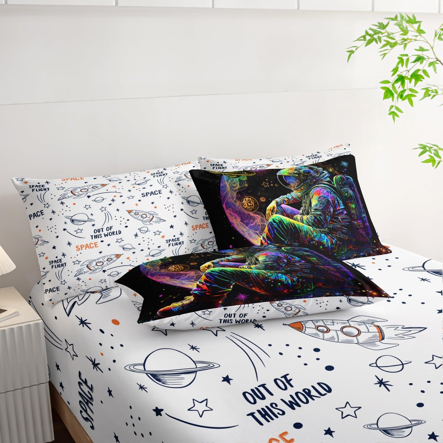 AILONEN Space Astronaut Comforter Set Full Size,7-Piece Soft Bed in a Bag,Glowing Rocket Planet Spacemen Print Comforter & Fitted Sheet & Flat Sheet & 2 Pillowcases,2 Pillow Shams