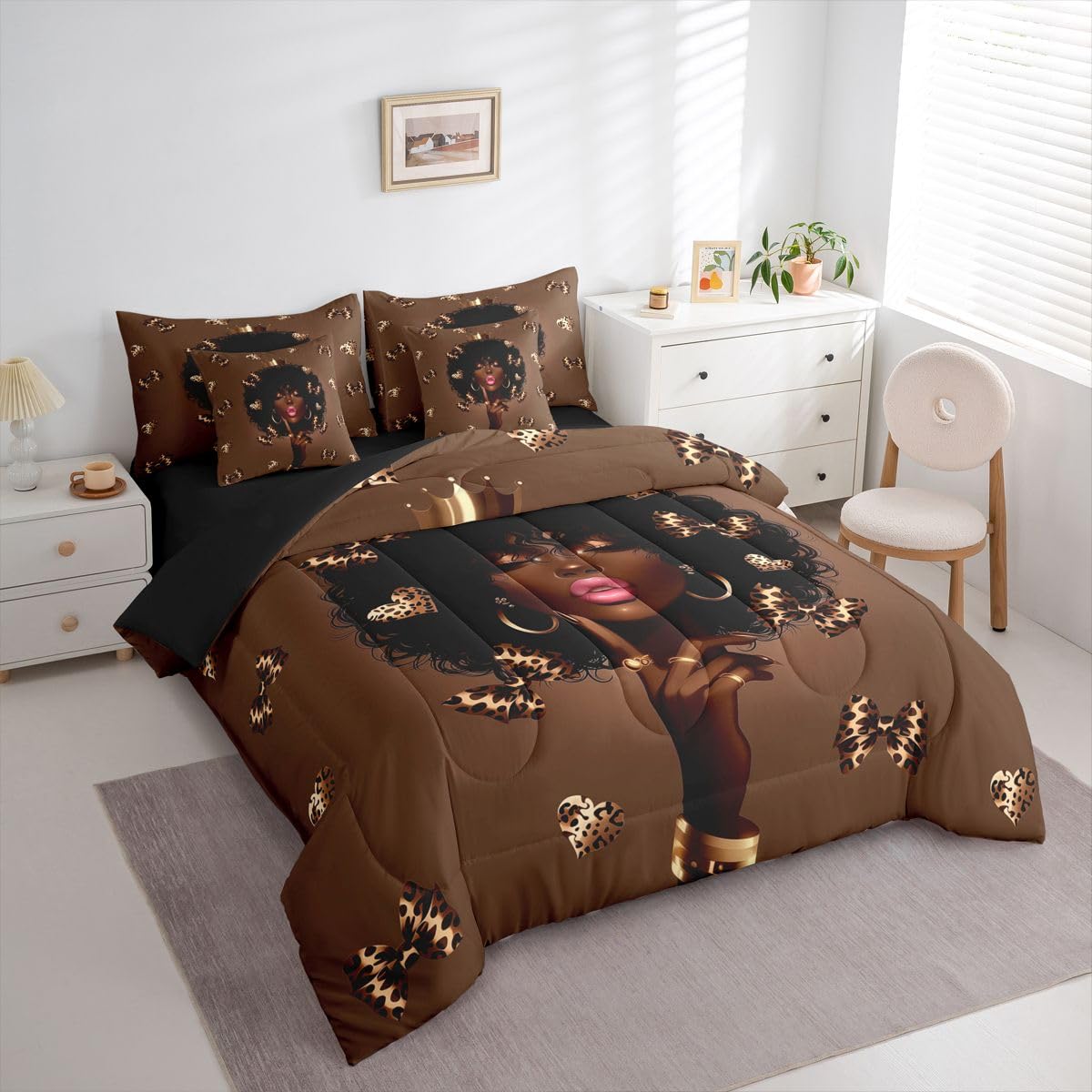 Erosebridal Cute Black Girls Queen Bedding Set Coquette Leopard Bowknot Comforter Set with Flat and Fitted Sheet Girly Cheetah Heart 7-Piece Bed in a Bag Aesthetic Bowtie Quilt Sets