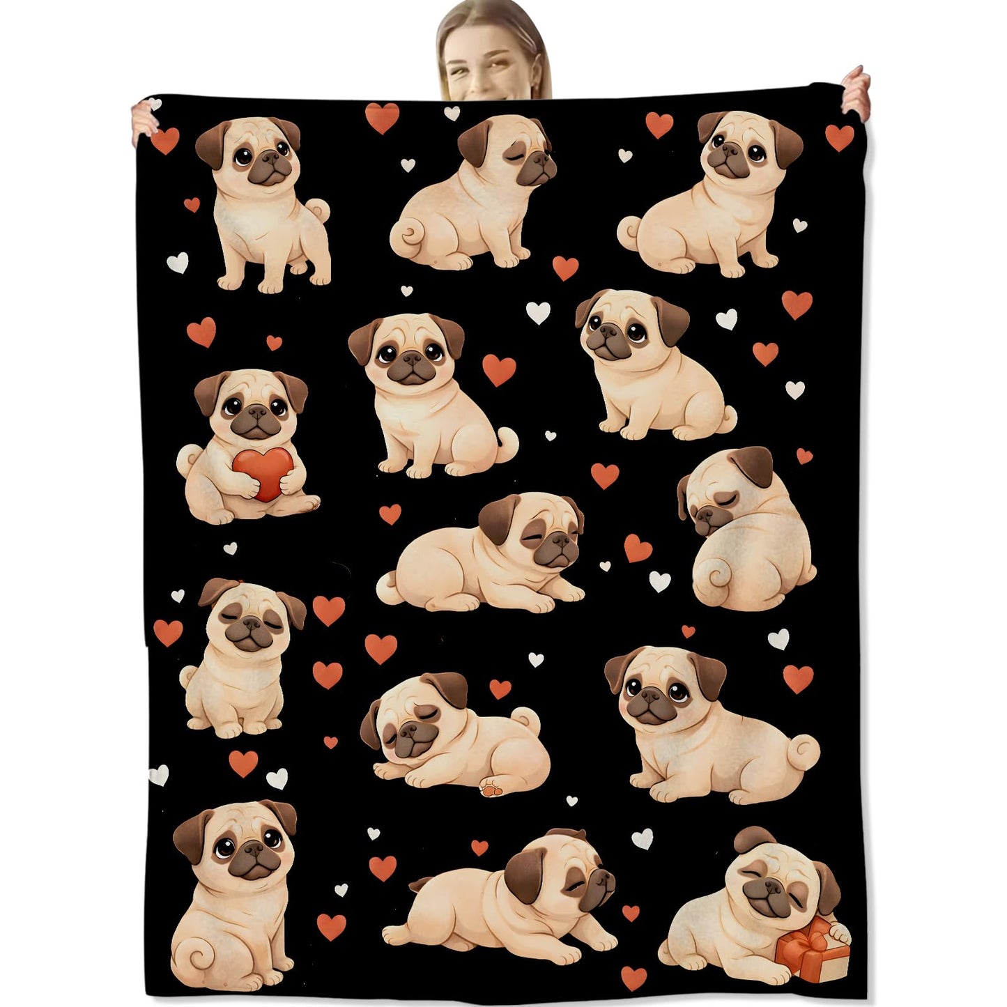 cromcu Cute Pug Blanket for Women Wife Girls, Adorable Dog Heart Flannel Blankets, Valentine Birthday Gifts, Black Soft Warm Cozy Throws for Sofa Couch Bed Living Room Bedroom Home Decor 60" x 50"