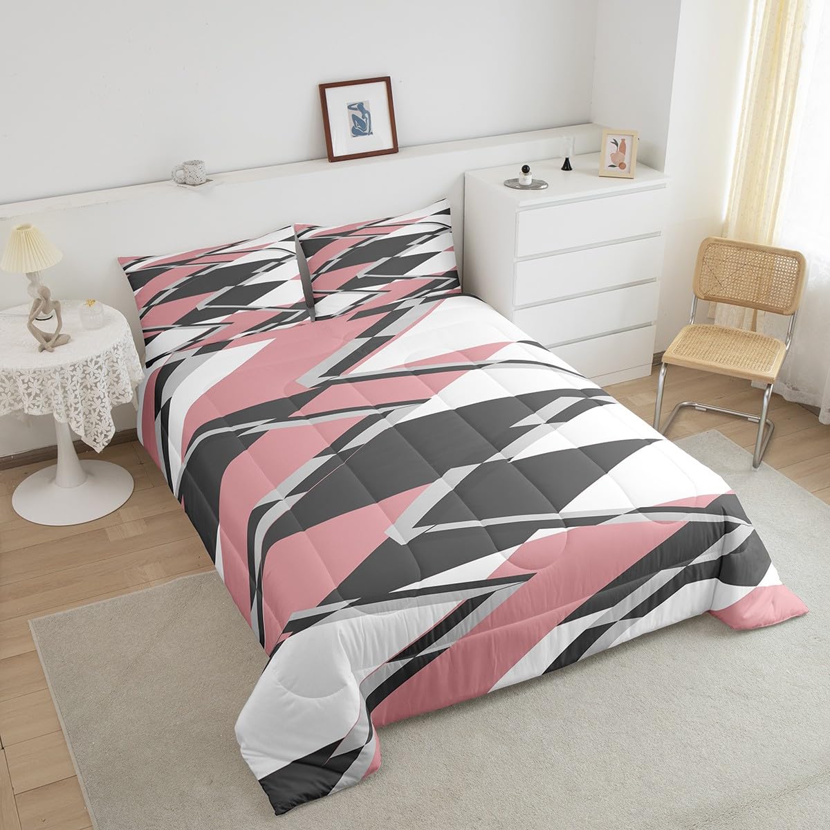 Feelyou Diamond Geometric Bedding Set Geometric Comforter Set for Kids Boys Girls Teens Decor Buffalo Check Pink Grey White Comforter Grid Plaid Modern Art Duvet Set Queen Size Quilt Set 3Pcs