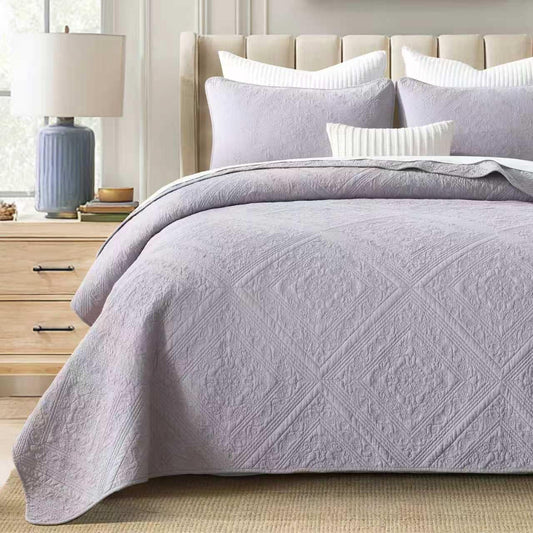 AJOCCI Grey Quilt Set，Vintage-Style Queen Cotton Quilted Bedspread - Breathable & Elegant Channelled Pattern,Damask Comforter Soft Cotton Quilt Solid Color Lightweight Bedspread All Seasons 3 Piece