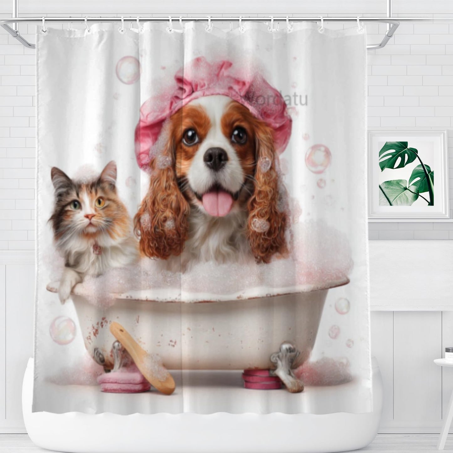 Wordatu Funny Cavalier-King-Charles Spaniel Shower Curtain Decor Fabric Bathroom Curtains, Kids Children Cartoon Waterproof 72x72 inch with 12 Hooks