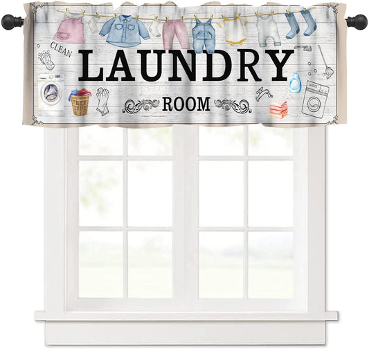 AAVEUP Laundry Room Window Valance Curtain Vintage Farmhouse Rustic Watercolor Hanging Clothes Window Treatment for Bathroom Kitchen 54 x 18 in