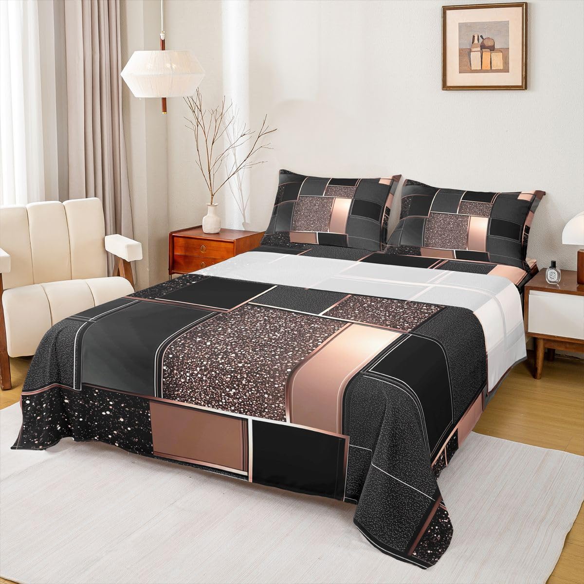 Feelyou Modern Abstract Bed Sheets Sets Queen Size Kids Boys Girls Orange Geometric Bedding Set Metallic Print Geometric Bed Sheet Set with 16-Inch Deep Pockets 4Pcs with 2 Pillow Cases
