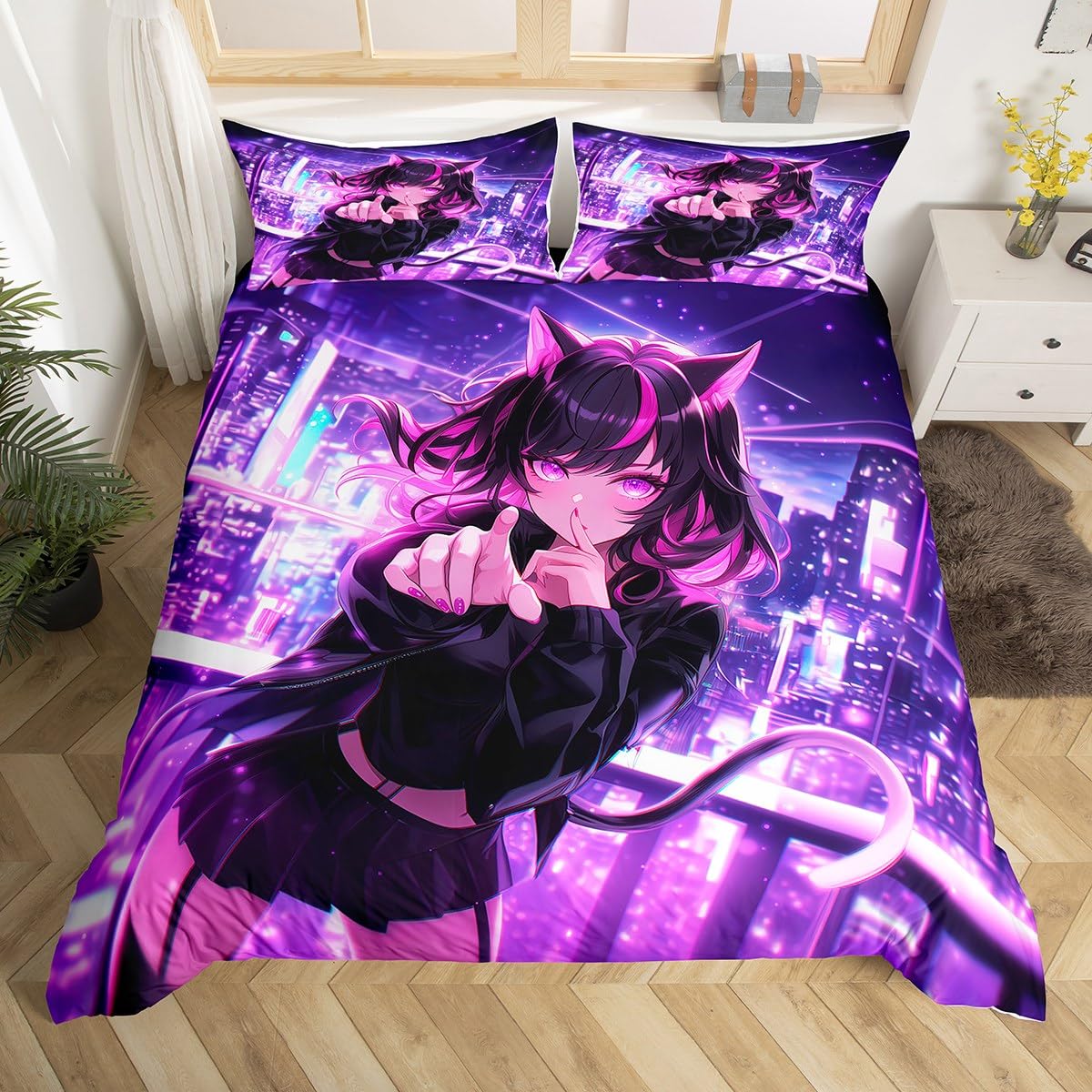 Erosebridal Kids Anime Girl Full Size Duvet Cover, Japanese Anime Bedding Set, Cartoon Girl Comforter Cover for Boys Teens Bedroom Decor, Kawaii Japanese Animation Bed Set with 2 Pillow Cases