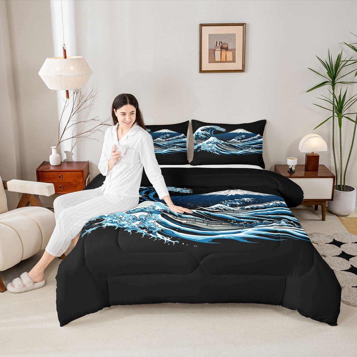jejeloiu Wave Pattern Comforter Set Queen Size Japanese Style Bedding Set for Kids Boys Girls Mountain Duvet Quilt Ocean Wave Bedroom Decor Microfiber 3 Pcs with 2 Pillow Cases