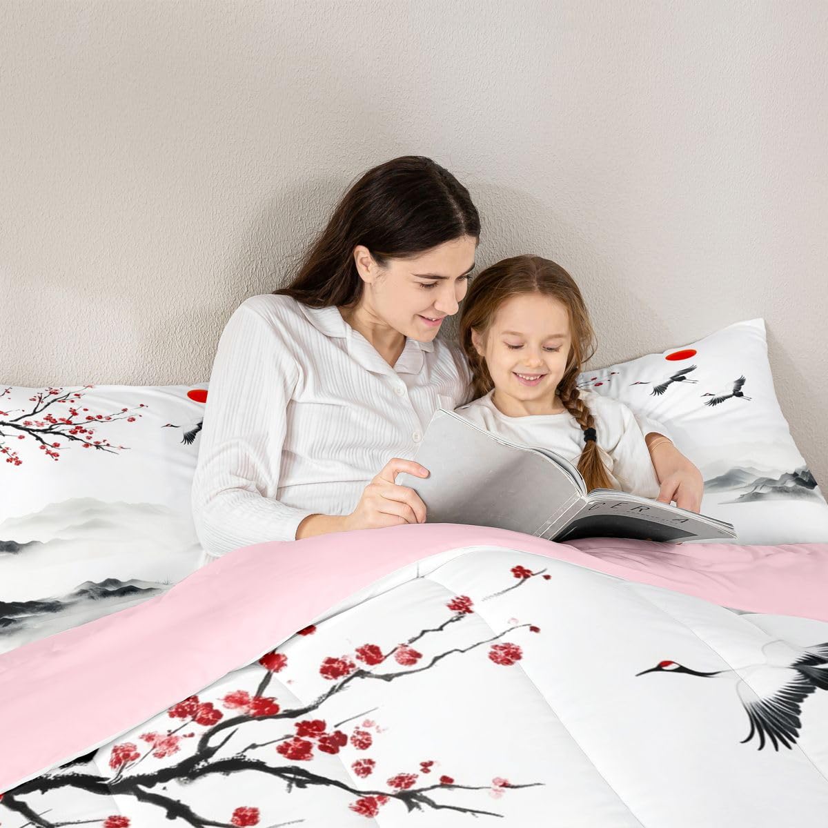 jejeloiu Chinese Ink Painting Kids Comforter Set Queen Size Japanese Style Bedding Set Cherry Blossom Duvet Quilt for Kids Boys Girls Bedroom Mountain Red Sun Decor Microfiber Ultra Soft Breathable
