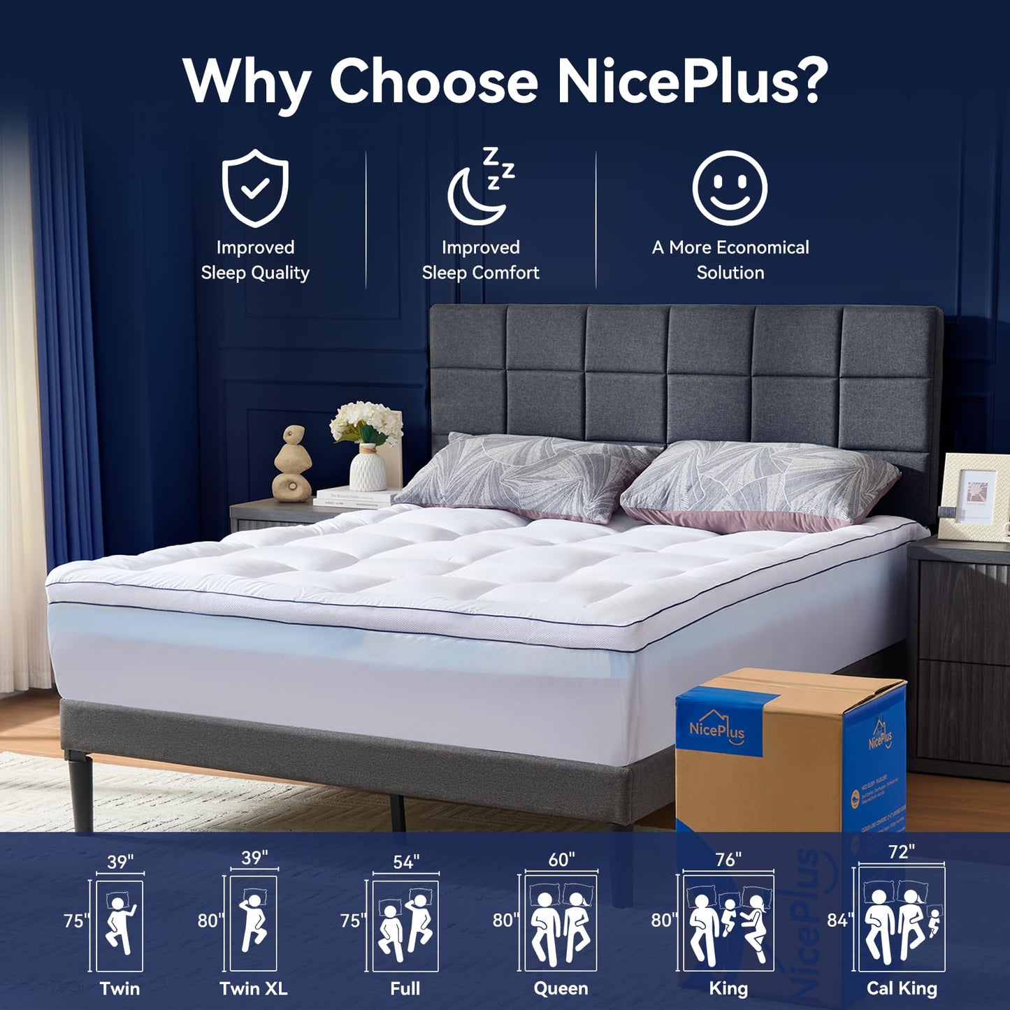 NicePlus Dual Layer 4 Inch Memory Foam Mattress Topper Queen, 2 Inch Cooling Gel Memory Foam and 2 Inch Soft Pillow Top Mattress Pad Cover for Back Pain Relief, with Elastic 21" Deep Pocket