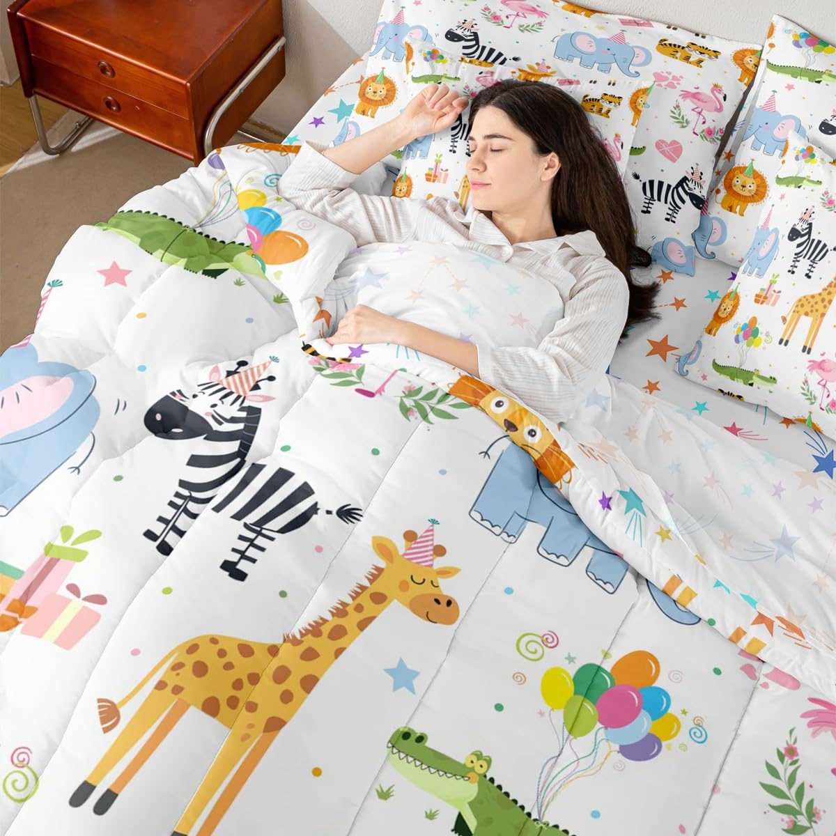 Erosebridal Party Animals 7 Piece Comforter Set Twin for Nursery | Funny Cartoon Wild Animals Bedding Set Kids Boys Girls Flamingo Giraffe Elephant Zebra Crocodile Sheets Love Heart Floral Quilt