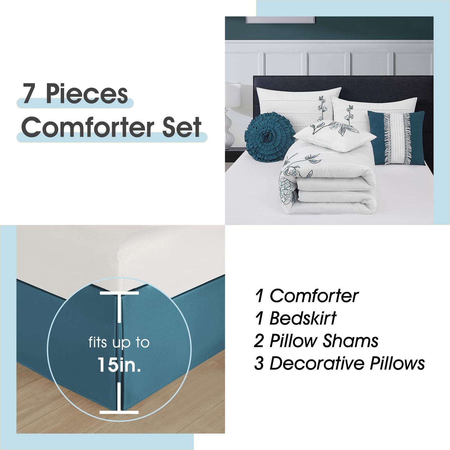 LANCO MODERN LIFESTYLE 7 Piece California King Comforter Set, Blue White, Floral Embroidery, Microfiber Pleating Bedding Set for All Seasons with Comforter, Bed Skirt, Pillow Shams and Decor Pillows