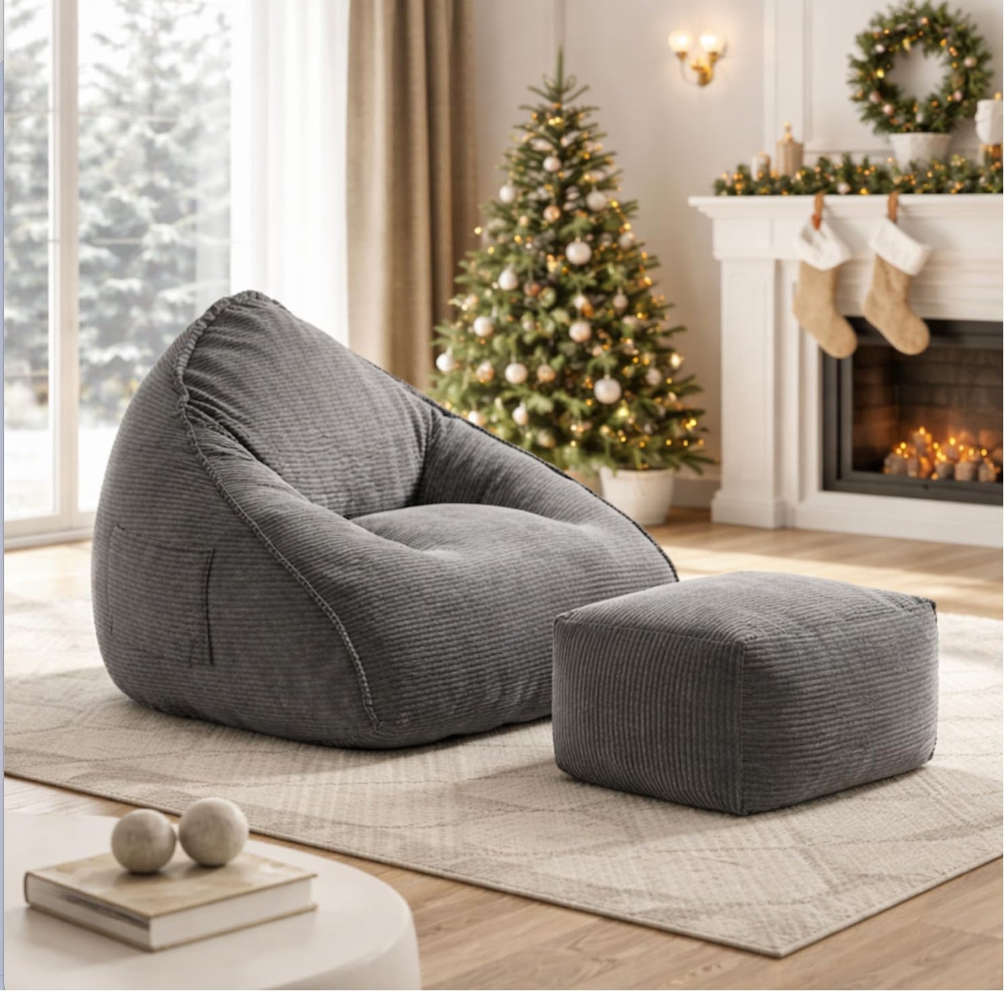 Bean Bag Chair with Ottoman for Adults, Large Corduroy Bean Bag Couch, Boneless Chaise Lounge Reading Chair with High-Resilience Foam, Floor Lounger for Bedroom Living Room (Grey)