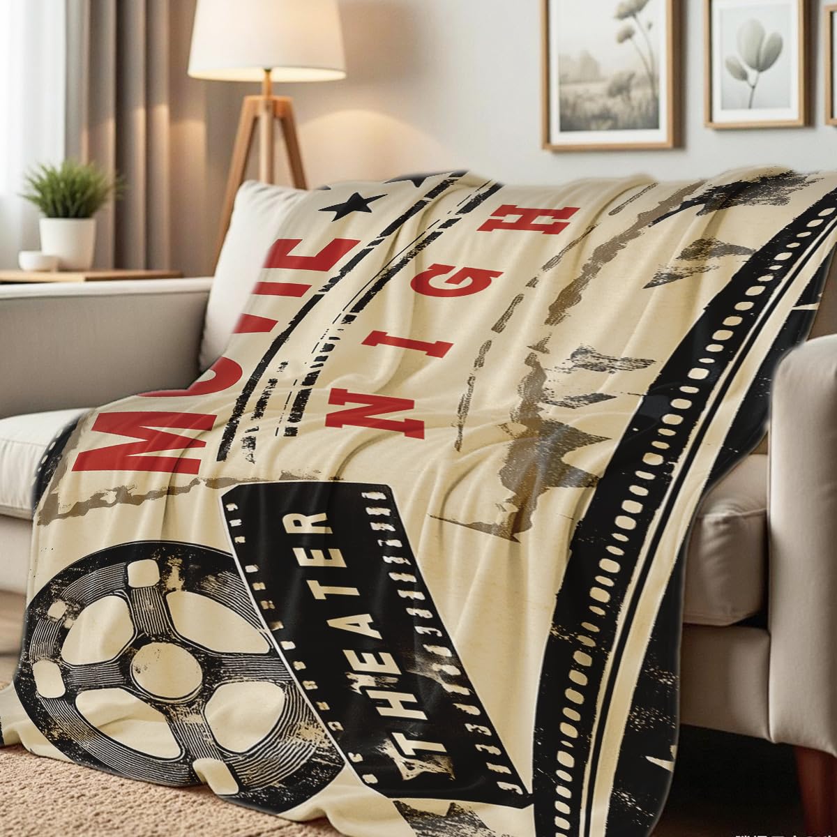 HUNXIAOJ Printed Bed Blanket Movie Throw Blanket Retro Movie Theater Flannel Throw Movie Night Home Decor for Film Room Media Cinema Sofa Bed (49"x59")