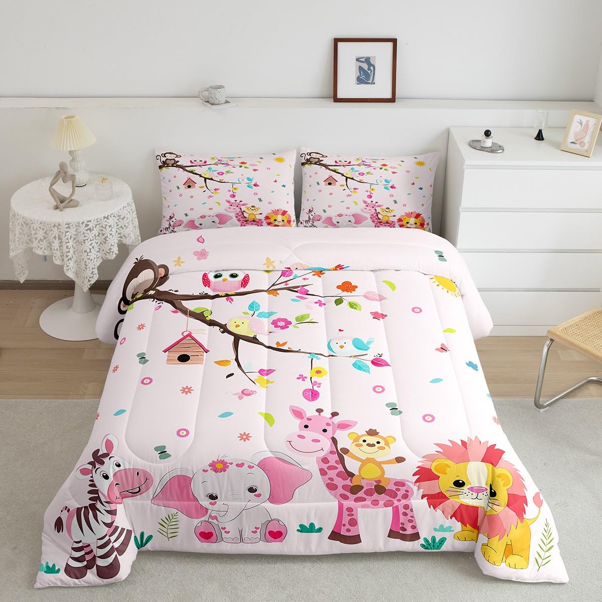 Erosebridal Pink Woodland Animal Comforter Set Twin Size Jungle Animals Bedding Set for Kids Girls BoysKawaii Lion Giraffe Comforter Cartoon Farm Wildlife Elephant Zebra Quilt Bedroom Decor