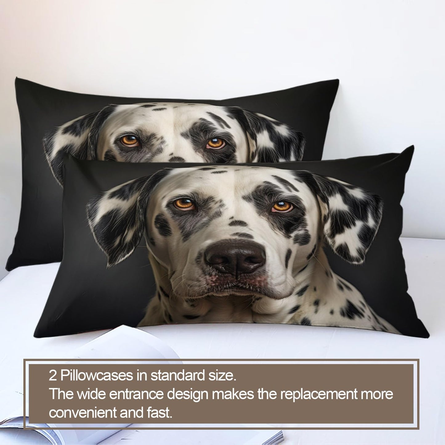 Dog Print Duvet Cover Queen Size - Dalmatian Lover Home Decor & Gifts, 3 Piece Back to School Dorm Bedding, Easy Care Microfiber Comforter Cover & Pillowcases, Black
