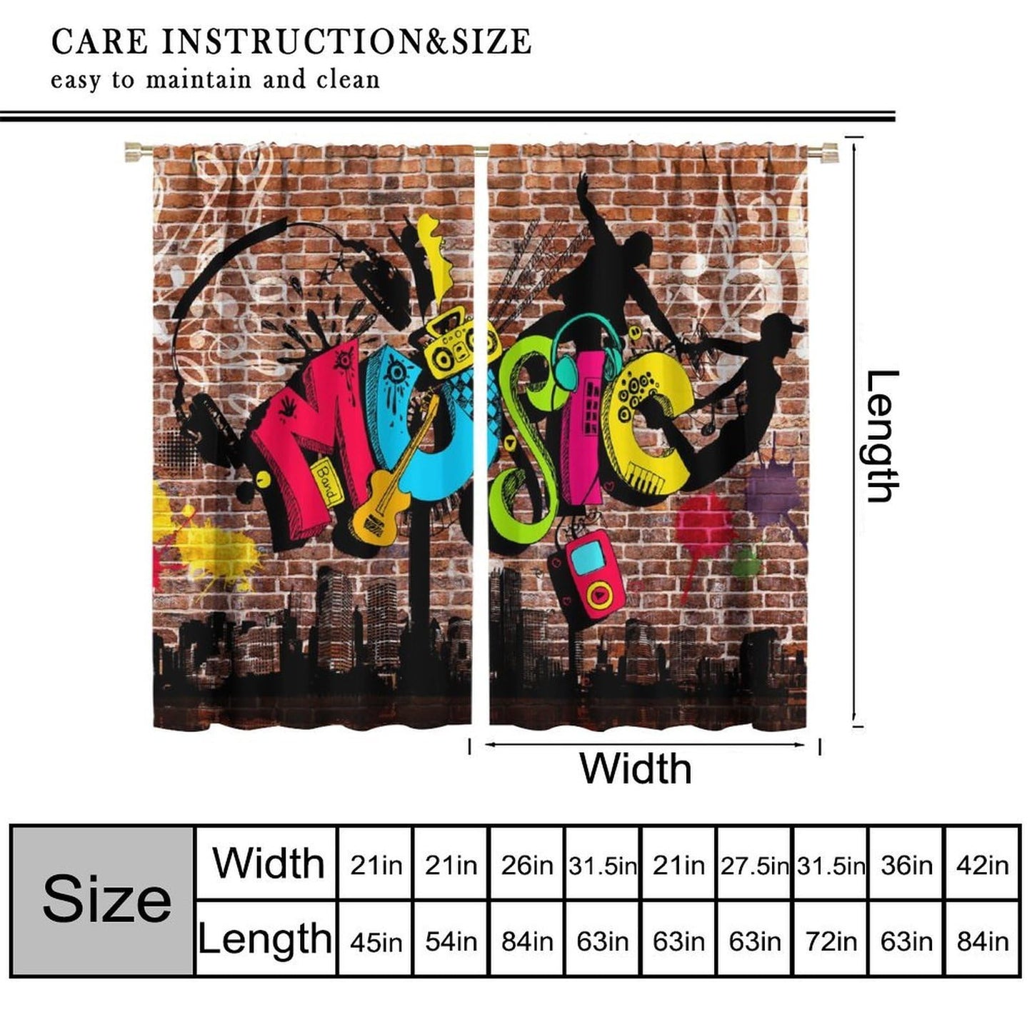 wlsgdsg Music Curtains for Kids Retro Country Upbeat Music with Dancing Notes On The Staff Print for Boys Girls Bedroom Living Room Bathroom 42x44.5In（No Blackout）