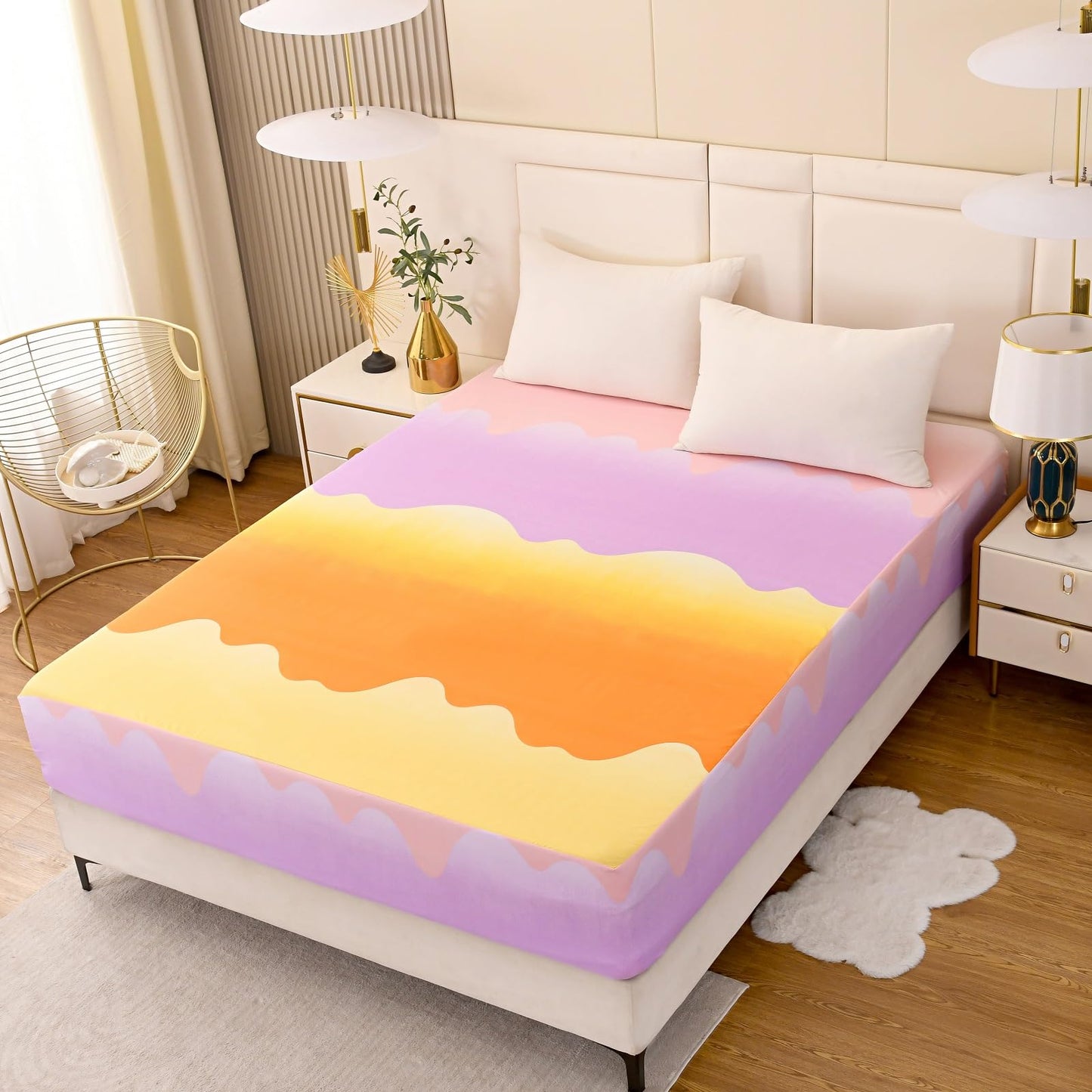 NATURETY Bedding Fitted Sheet with Deep Pocket,Thicken Printed Fabric Bed Sheets (Orange, Twin)