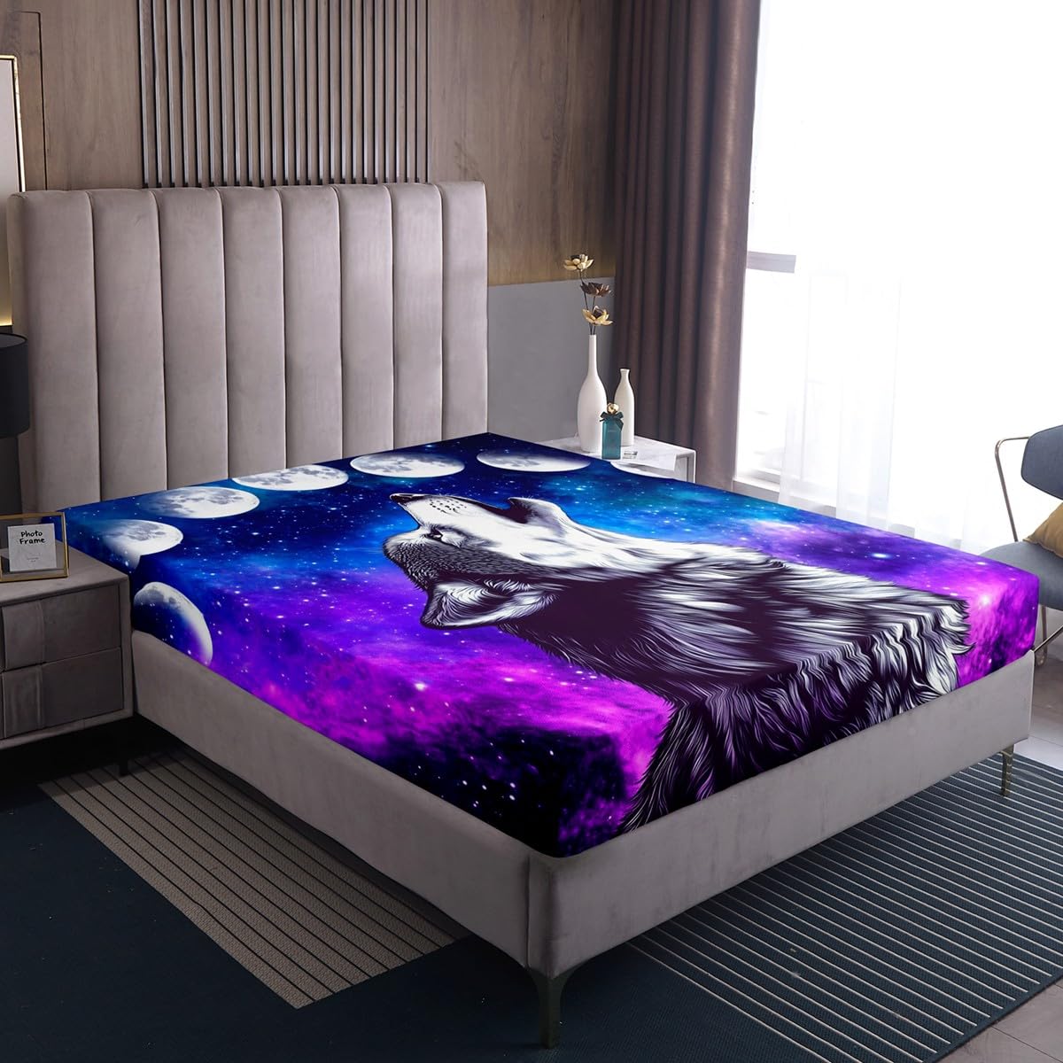 Erosebridal Howling Wolf Bed Sheets Blue Purple Starry Sky Sheet Set Full Size,Galaxy Series Fitted Sheet for Child Teens JCXS8225CLBWTfull 0