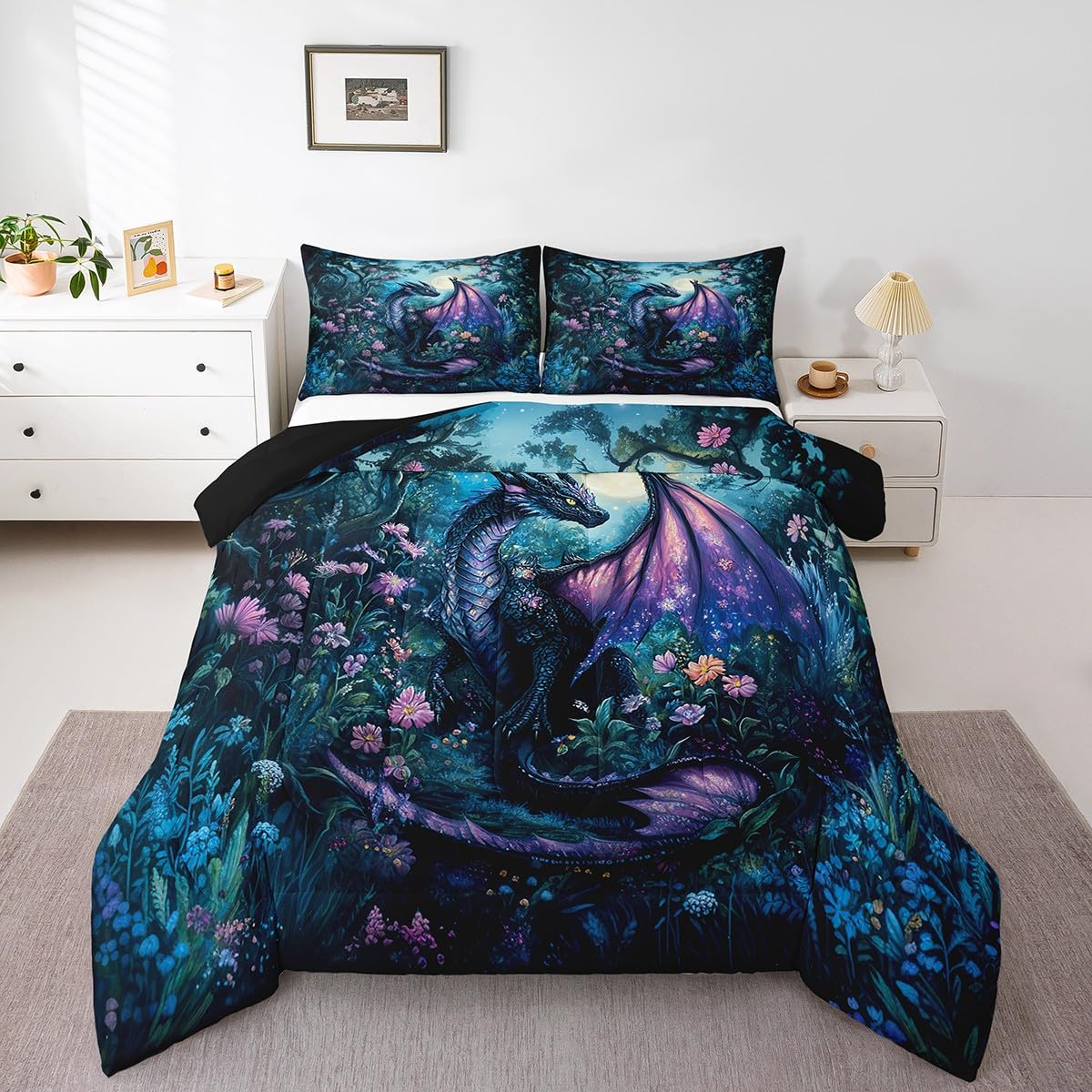 Feelyou Dragon Comforter Set Twin Size Comforter for Boys Girls Teens Wild Life Bedding Set Jungle Dragon Duvet Set Room Decor Balck Blue Quilt Set