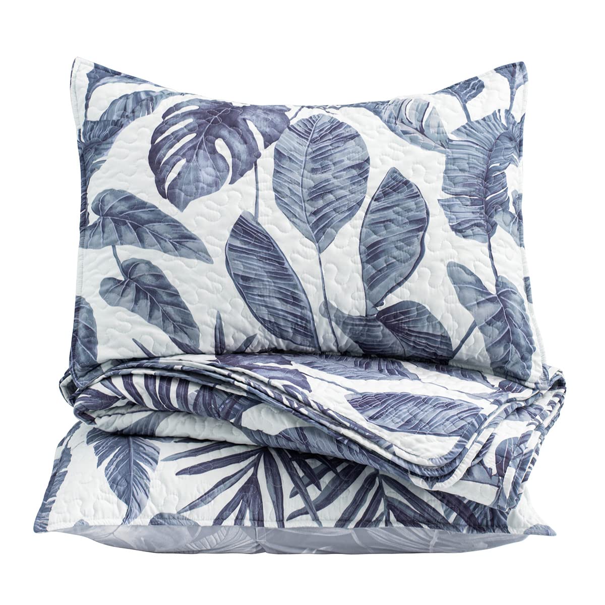 HORIMOTE HOME Tropical Plants Quilt Set Queen Size 3 Pieces, Blue Palm Leaves Rainforest Style Fine Printed Reversible Bedspreads Bedding Sets, Soft and Lightweight Bed Coverlet for All Season