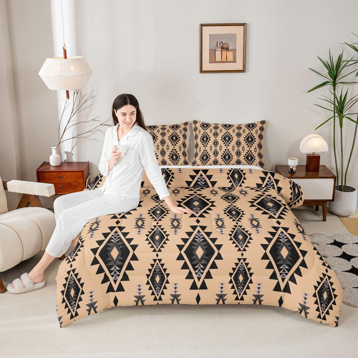 jejeloiu Boho Western Comforter Set Queen Size Bohemian Southwestern Bedding Set for Kids Boys Girls Aztec Decor Duvet Quilt Country Bedroom Farmhouse 3 Pcs with 2 Pillow Cases