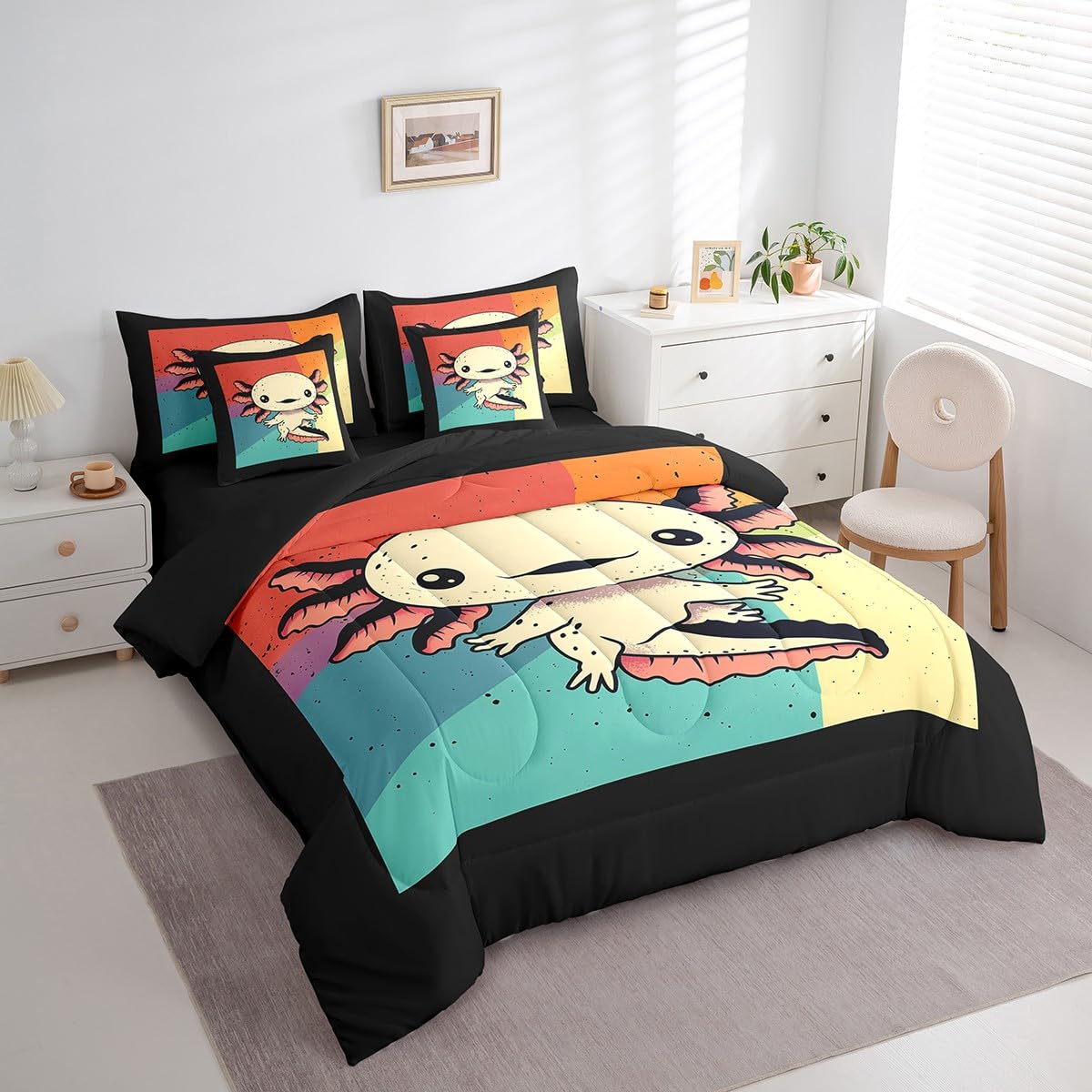 Erosebridal Cute Axolotl Comforter Set 7 Piece Bed in a Bag Twin,Nautical Sea Animal Kawaii Bedding Sets Cartoon Walking Fish Comforter and Sheet Set,Ocean Reptile Bed Set
