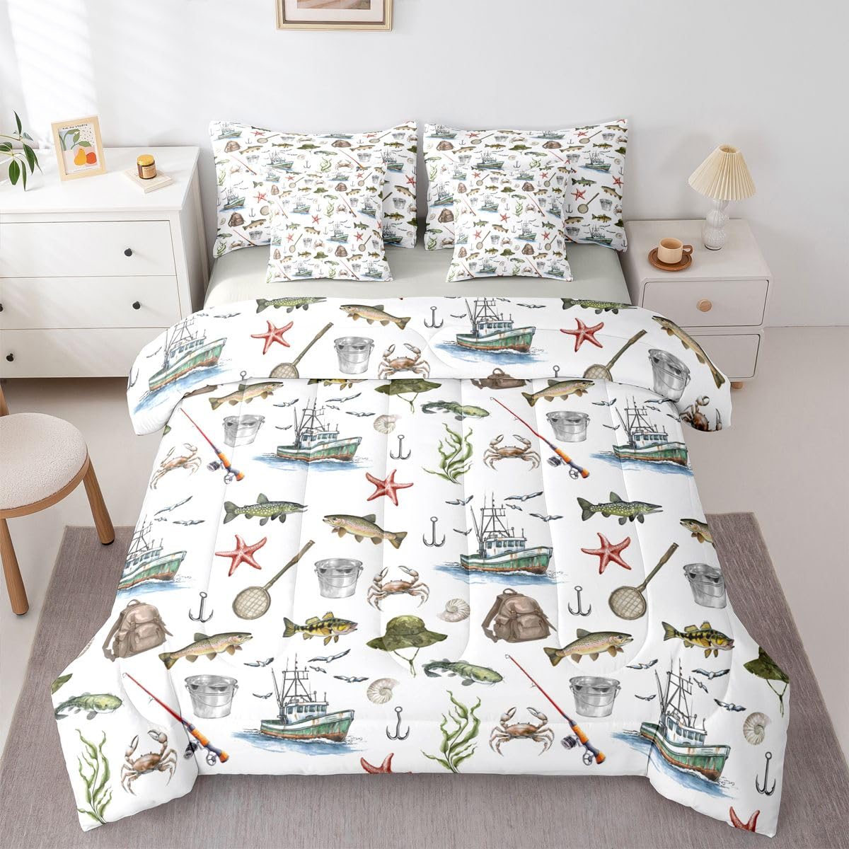 Erosebridal Fishing 7-Piece Bed in a Bag Full Size for Kids Boys Teens | Hunting Pike Fish Bedding Set Kids Hunting and Fishing Comforter Set with Sheets Pike Fishes Duvet Insert