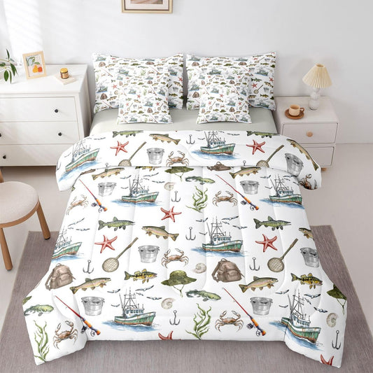Erosebridal Fishing 7-Piece Bed in a Bag Full Size for Kids Boys Teens | Hunting Pike Fish Bedding Set Kids Hunting and Fishing Comforter Set with Sheets Pike Fishes Duvet Insert