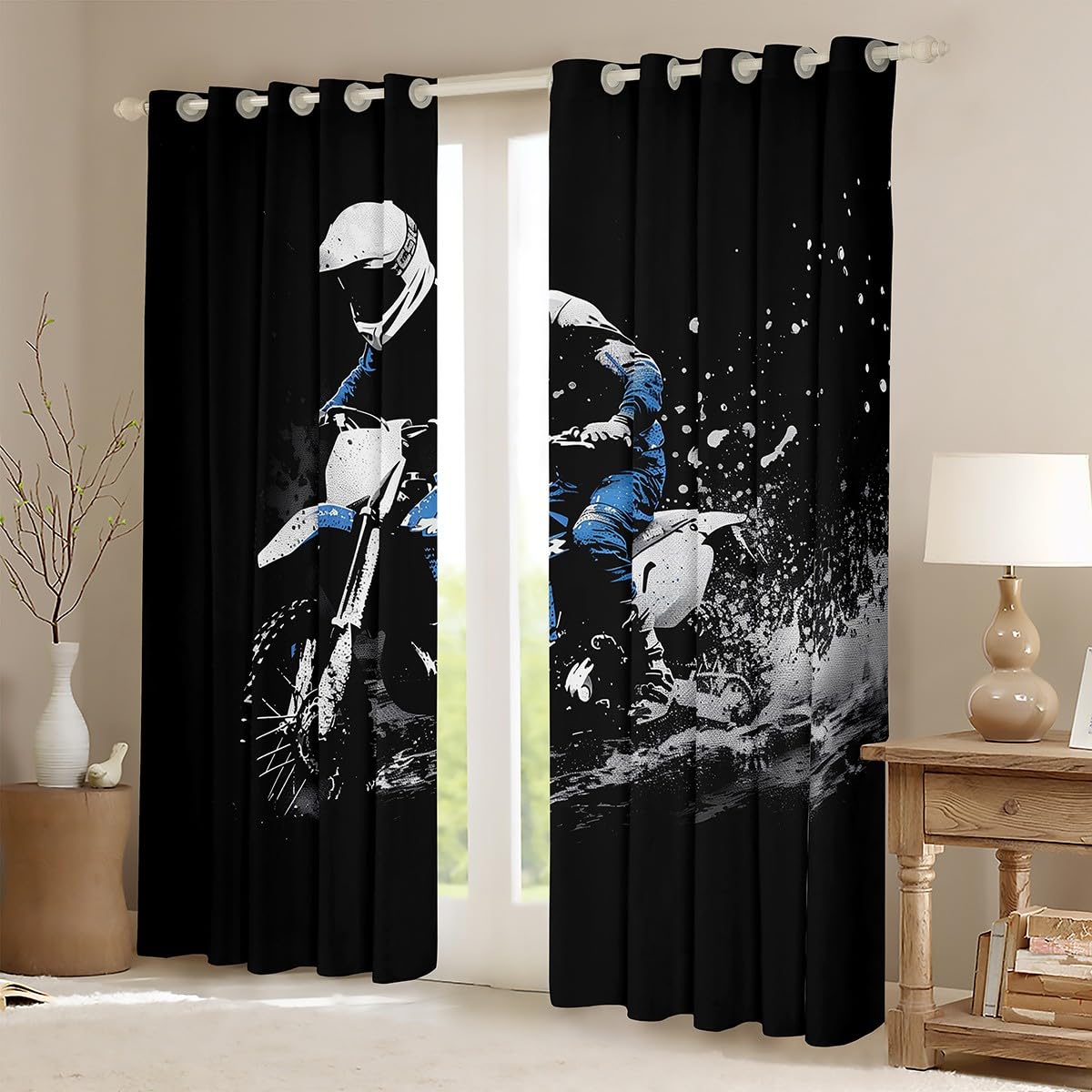 Feelyou Dirt Bike Curtains for Bedroom Living Room (2 Panels, 38 x 45 Inch) Racing Themed Room Blackout Curtain Racing Motocross Rider Blackout Curtains Motorcycle Window Treatments Motorbike