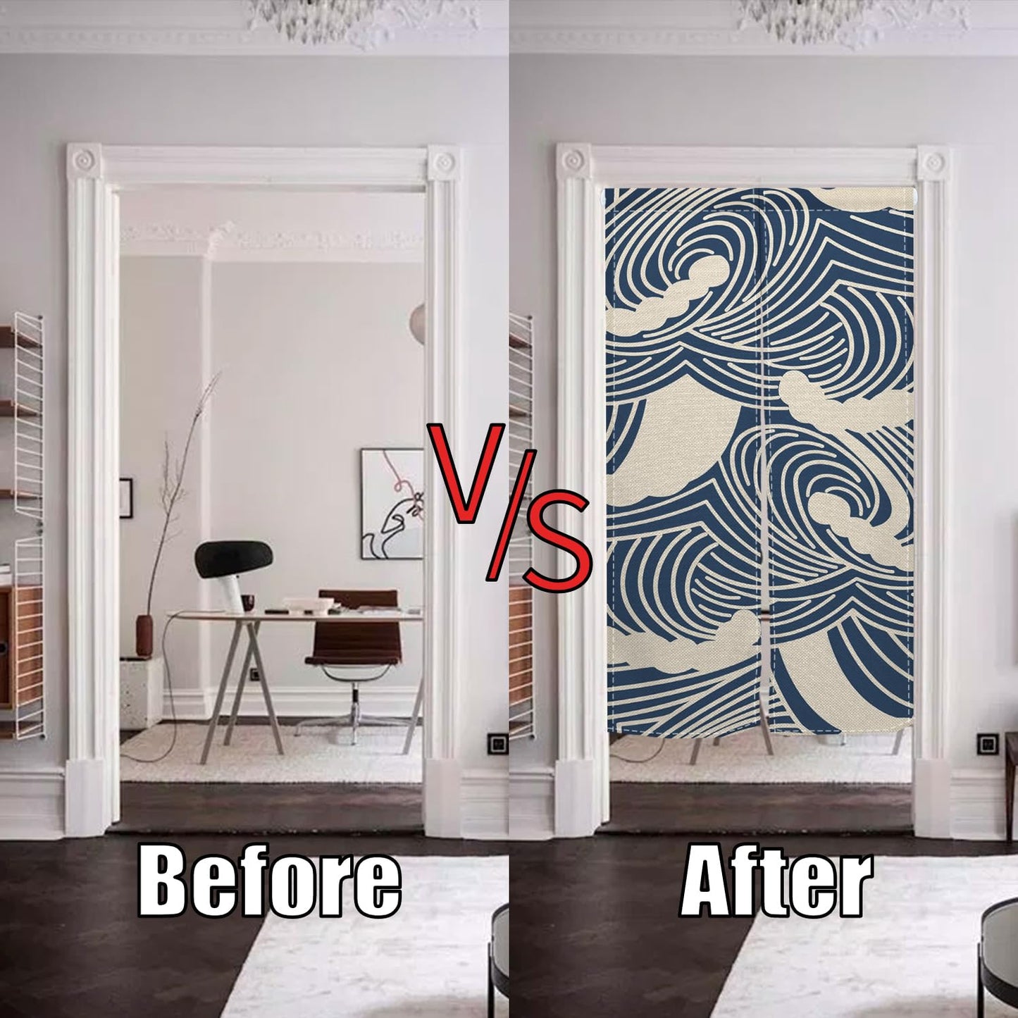 XMJJKUF Japanese Noren Doorway Curtain Traditional Japanese Wave Curtains for Livingroom Windows Doorway Tapestry Polyester Panel for Room Divider Kitchen Home Decorations,33.5"x 70.9"