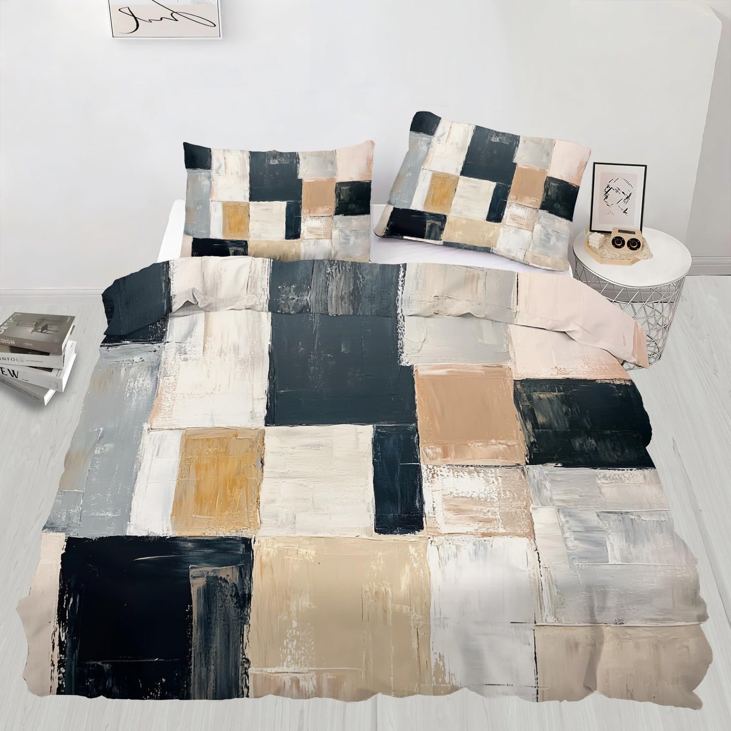 GKPLY Geometric Squares Comforters Queen Size, Modern Abstract Bedding Sets, Minimalist Block Duvet Cover, Zipper Closure, 2 Pillowcases, Reversible Print - Boho Neutral Bedding