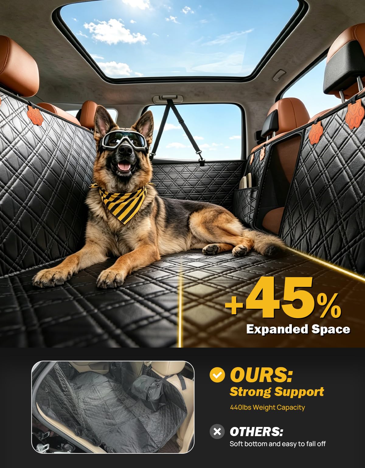 JOYTUTUS Back Seat Extender for Dogs, PU Leather Dog Car Seat Cover for Back Seat with Hard Bottom, Dog Hammock with Mesh Window, Dog Car Seat Cover for Sedans SUVs Small Trucks, Holds 440 lbs