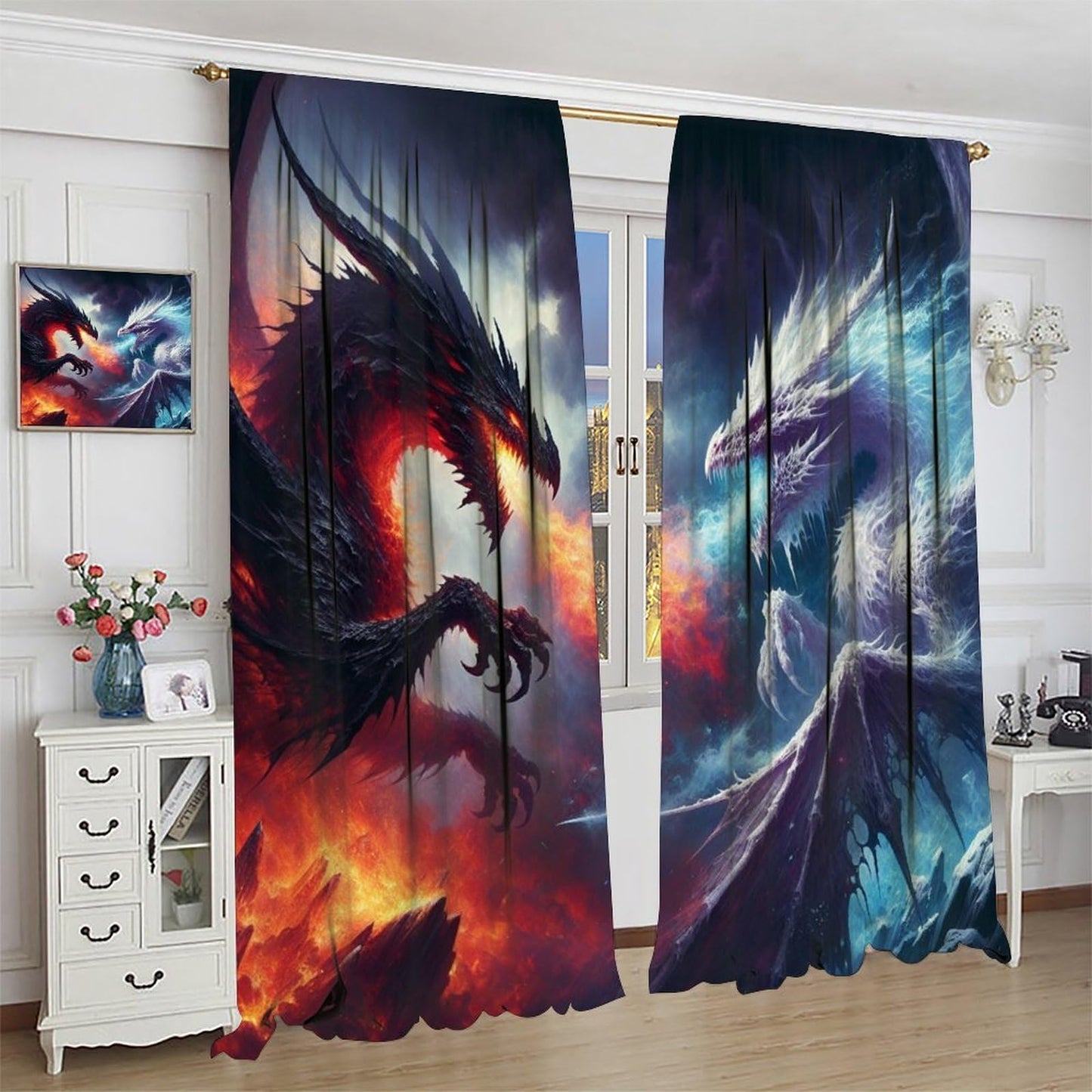 Dragon Blackout Curtains, Fire and Ice Fantasy Blue Red Dragon Home Decor for Boys Girls Teen Bedroom Living Room Kitchen Window Treatment 2 Panels Set Total Size 42" W X 63" L Inch