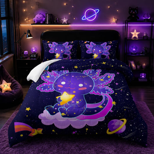 Galaxy Axolotl Comforter Set Queen Size,Kawaii Animals Cartoon Space 3 Bedding Set for Girls Boys Kids,Rocket Starry Sky Lightweight Down Alternative with 2 Pillowcases for Bedroom Decorative