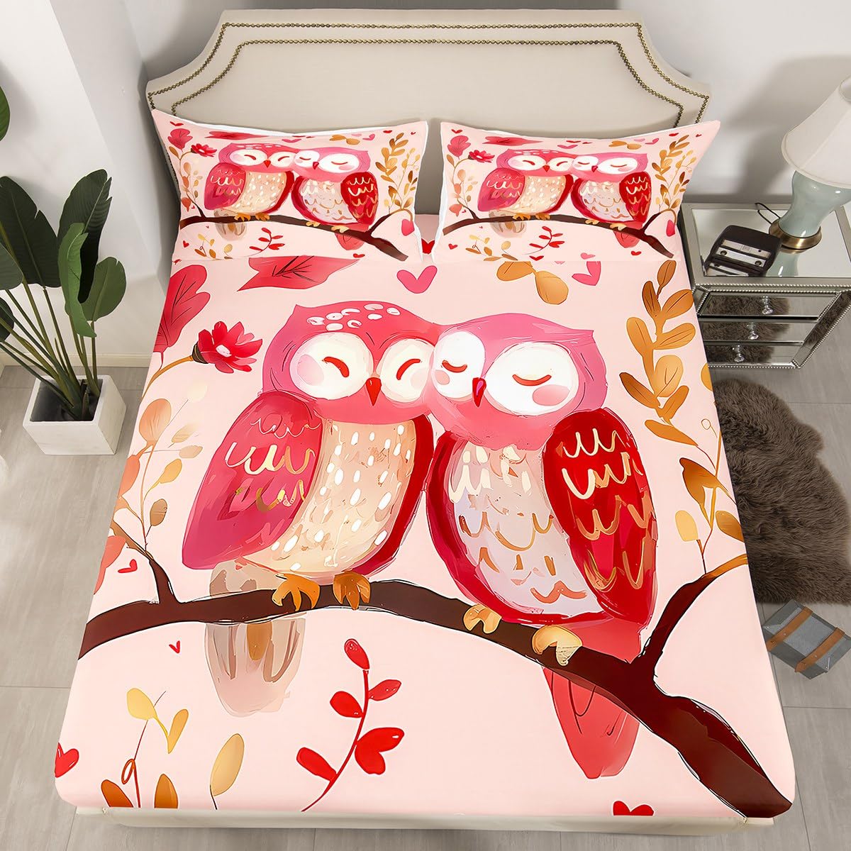 Feelyou Boys Girls Valentine's Day Bedding Set Full Size, Cute Owl Bed Sheet Set Red Heart Fitted Sheet Kids Romantic Teens Bed Cover Bedroom Decor Lightweight Bed Set (No Flat Sheet)
