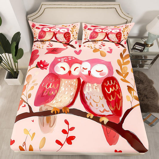 Feelyou Boys Girls Valentine's Day Bedding Set Full Size, Cute Owl Bed Sheet Set Red Heart Fitted Sheet Kids Romantic Teens Bed Cover Bedroom Decor Lightweight Bed Set (No Flat Sheet)
