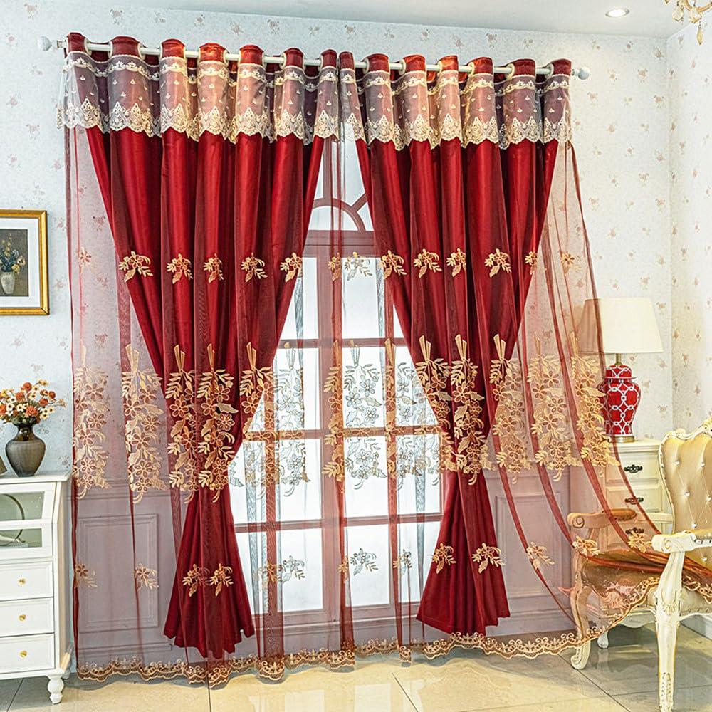Amidoudou 1 Pair European Double Layer Curtains with Valance for Living Room Bedroom Red Luxury Embroidered Curtains (Red,51x90 Inch)