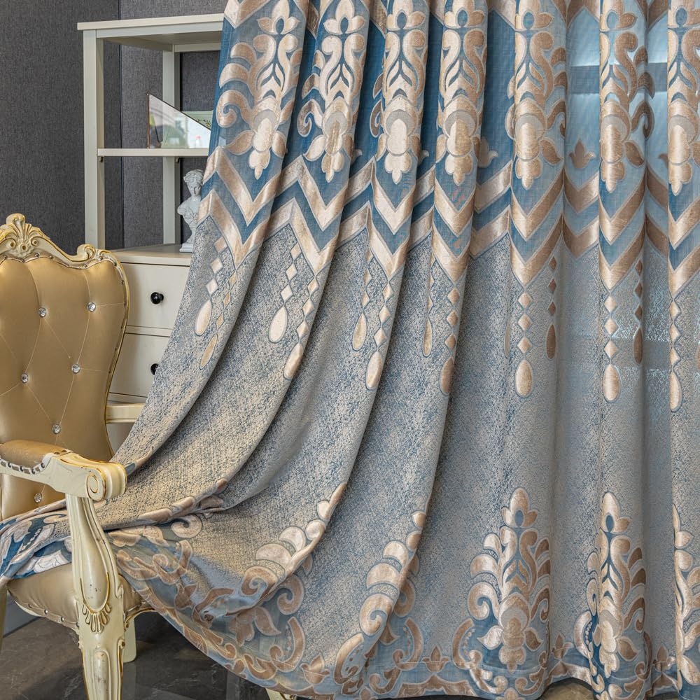 Amidoudou 1 Pair European Semi-Sheer Curtains for Living Room Bedroom Embroidered Hollow Luxury Curtains (Blue,52x90 Inch)
