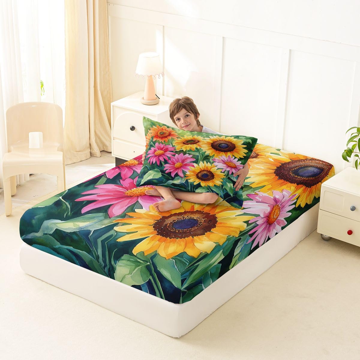 Erosebridal Spring Sunflower Bed Sheets Set Twin Watercolor Floral Sheet Set Green Watercolor Leaves Sheets Retro Boho Sunflower Flat Fitted Sheet